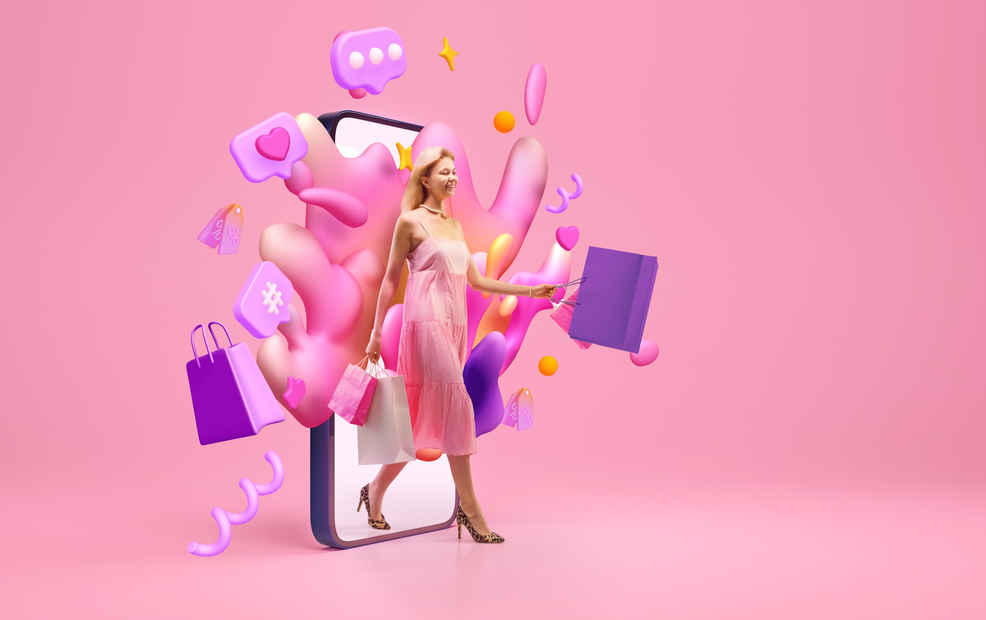 Creative collage with photo and 3d model phone, fashion and stylishly dressed woman go out from 3d smartphone likes and messages isolated pink background.